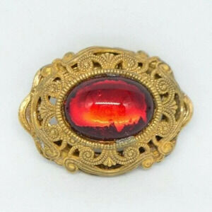 MIRIAM HASKELL Red Glass Cabochon Brooch